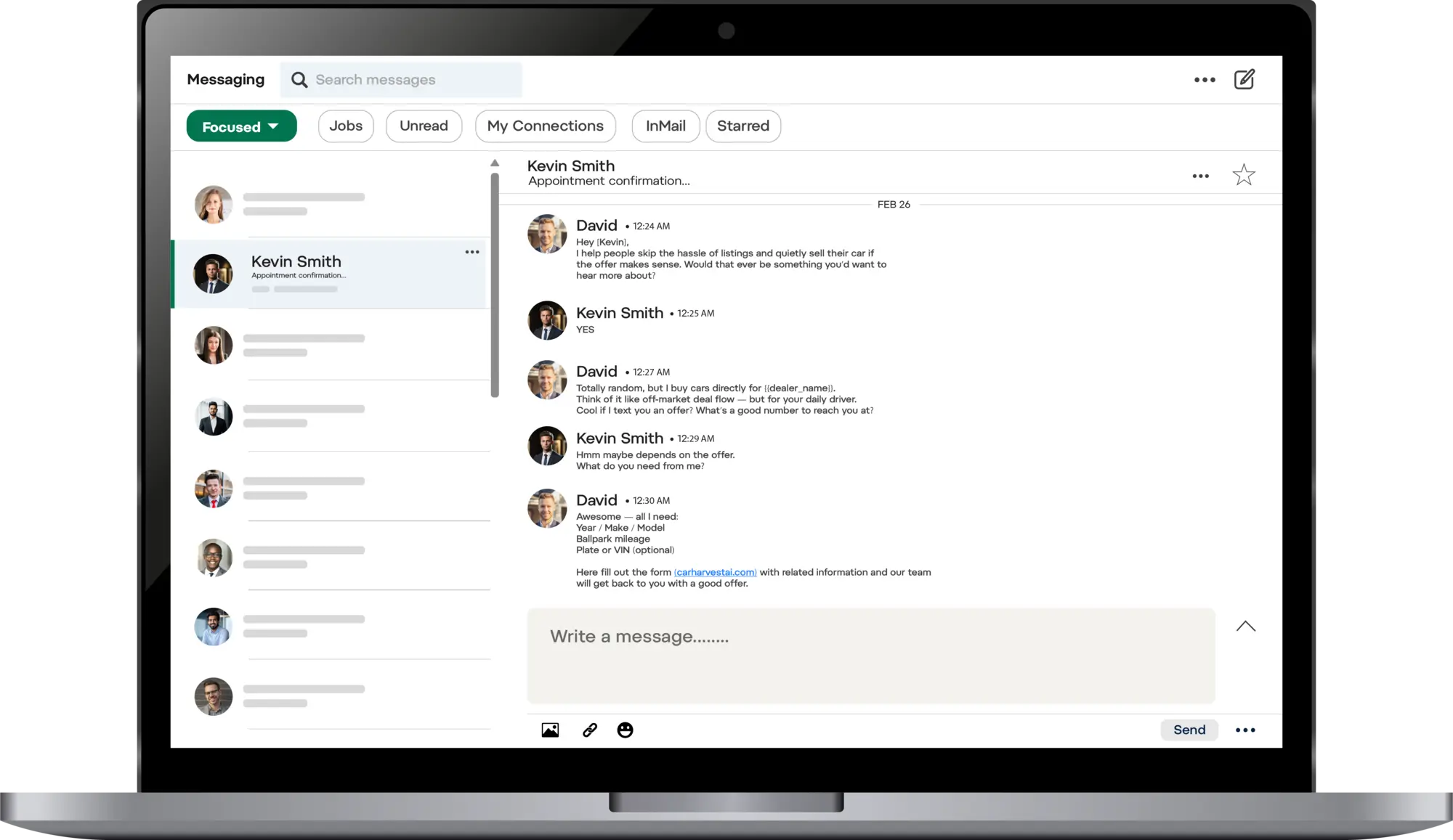 CarHarvest AI dashboard showing live LinkedIn conversations converting to CRM leads