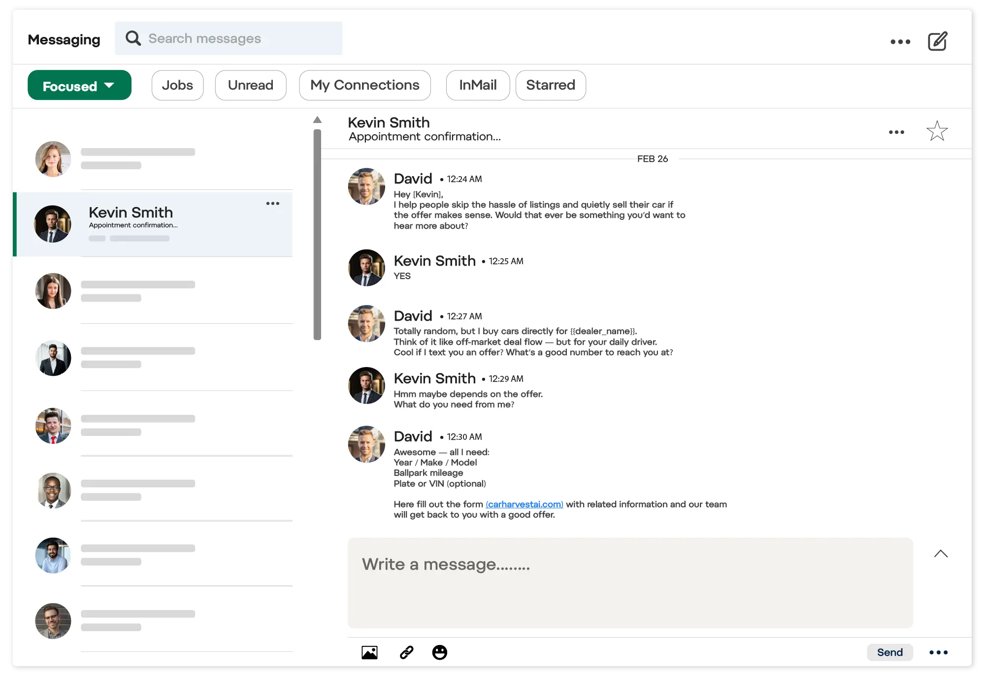 CarHarvest AI holding a real LinkedIn conversation with a local car seller