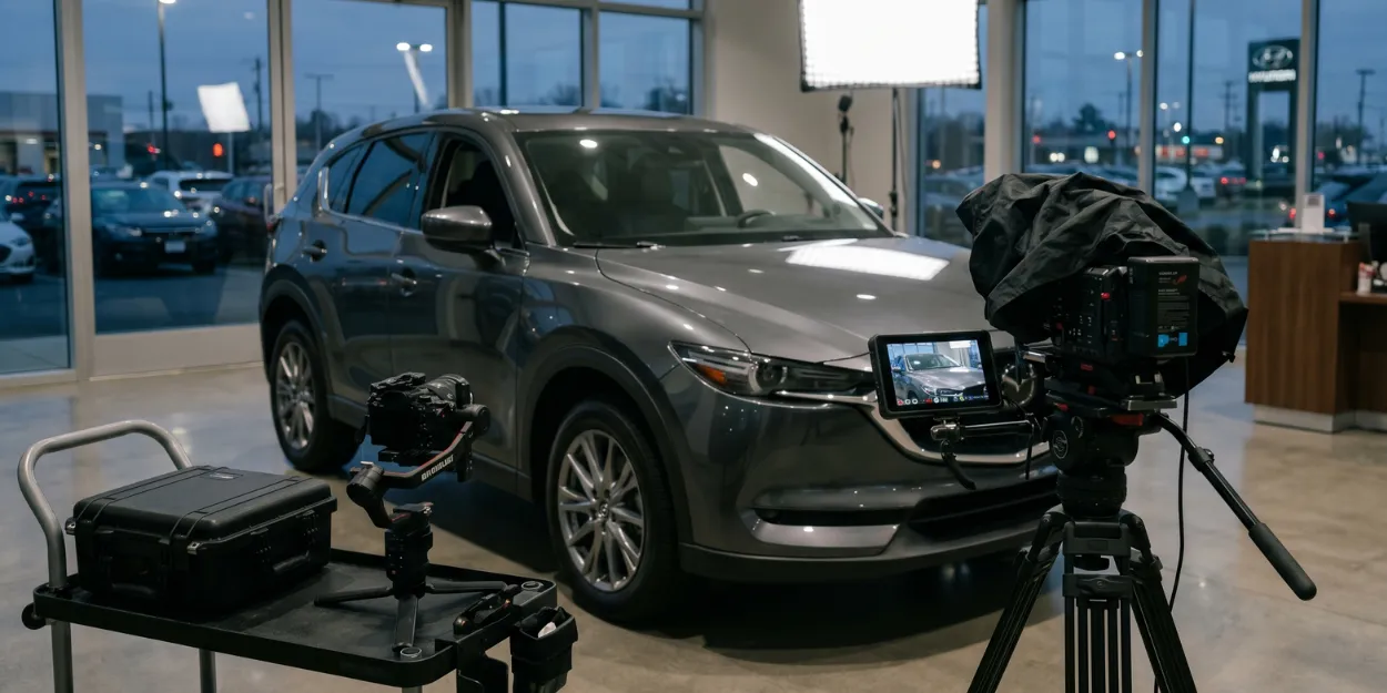 A vehicle being filmed with professional camera equipment inside a dealership