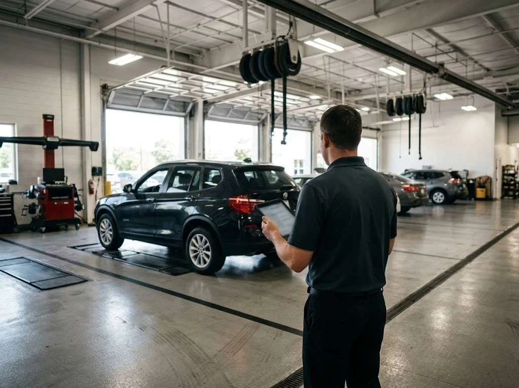 Service technician inspecting a customer vehicle in a franchise service drive