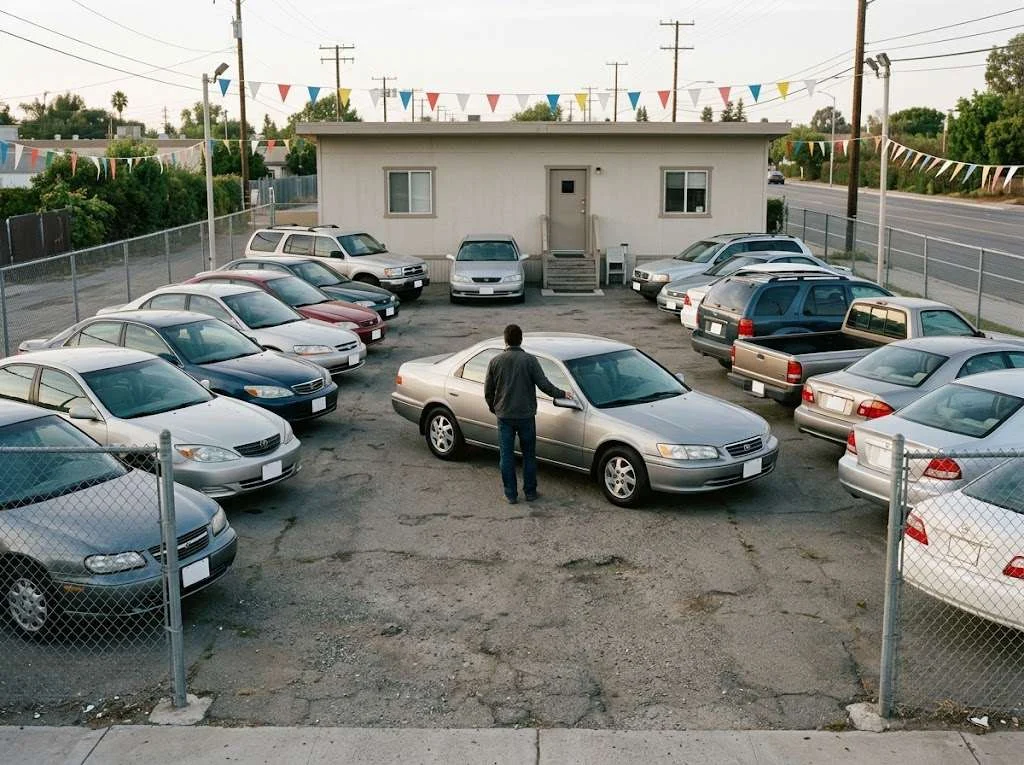 Independent used car dealership frontage with cars parked out front