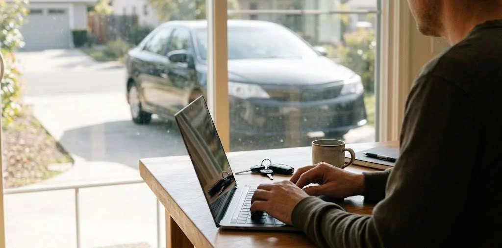 Car owner submitting vehicle details on a laptop at home