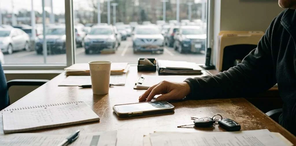 Buying desk with a phone, headset and car keys