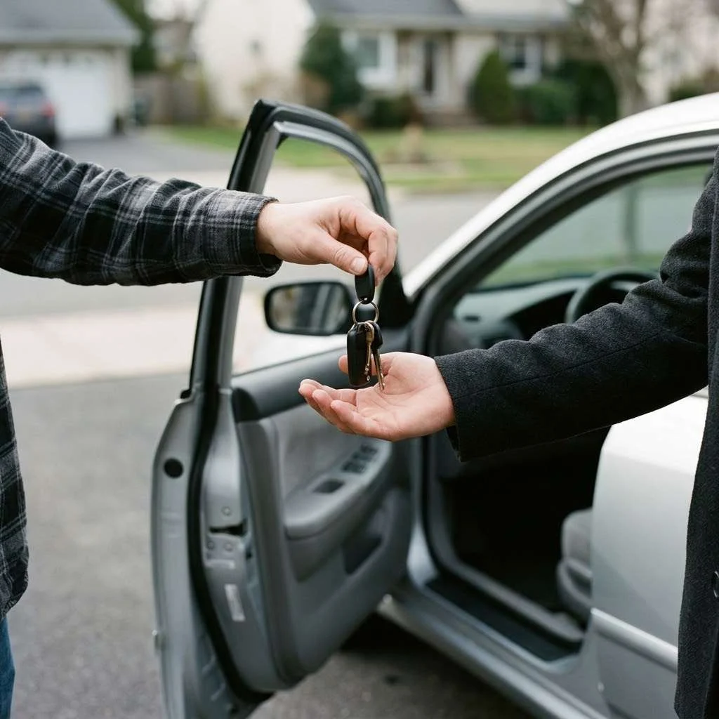 Dealer holding the keys to a purchased vehicle in front of a row of cars