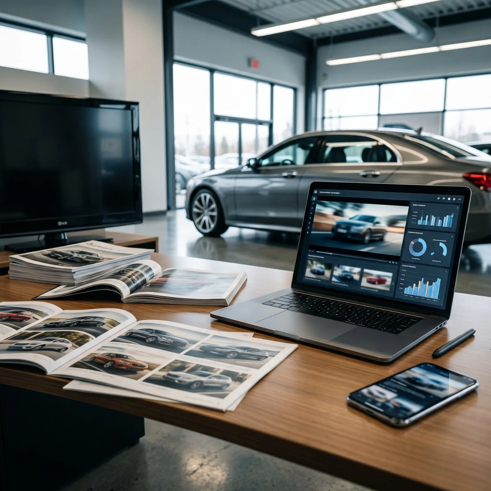 Inventory dashboard and vehicle brochures at a dealership