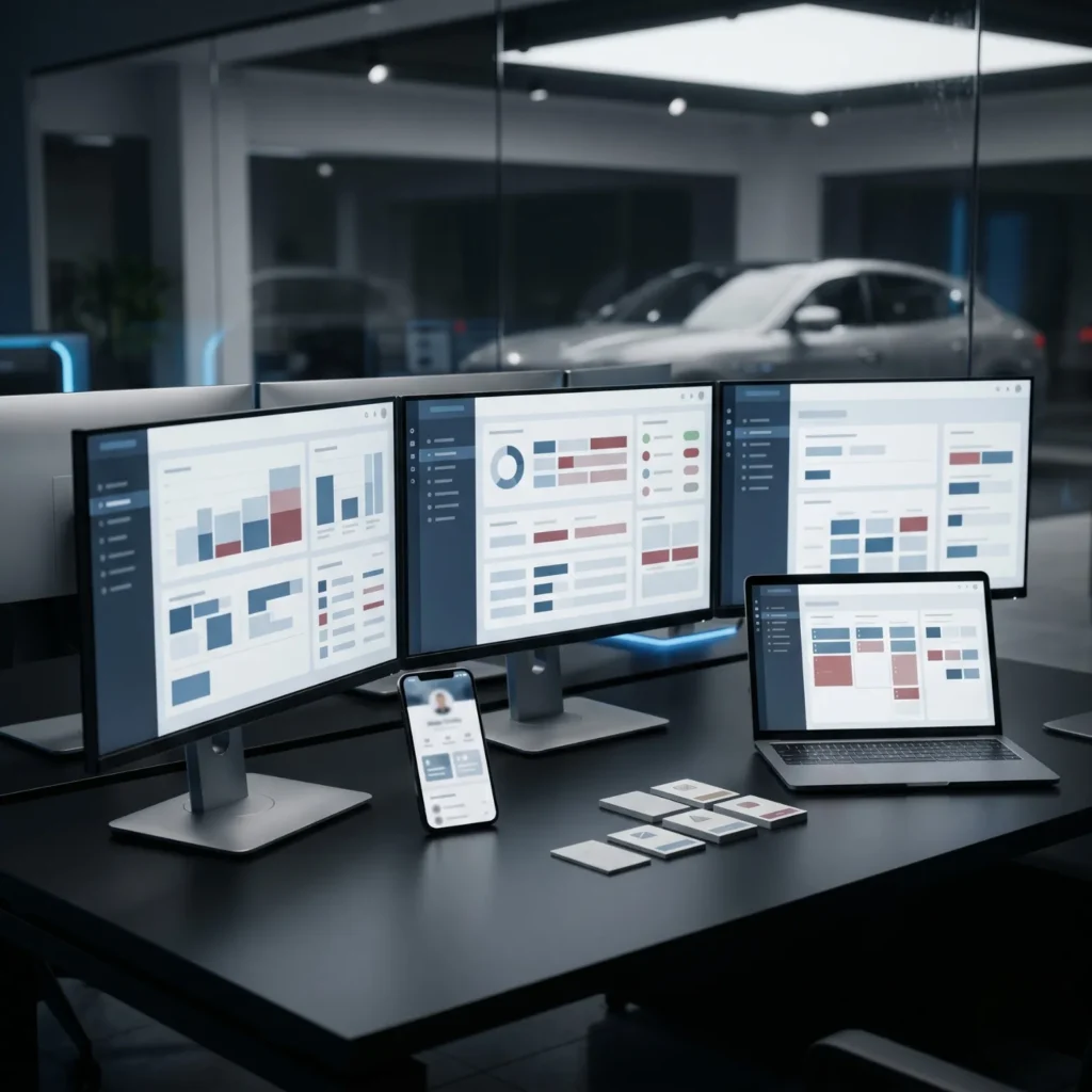 Acquisition performance dashboards on dealership office monitors