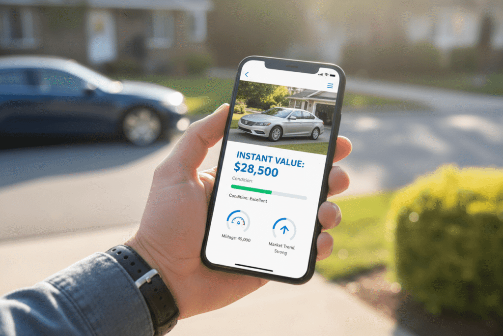 Seller checking an instant vehicle value on a phone before submitting their car