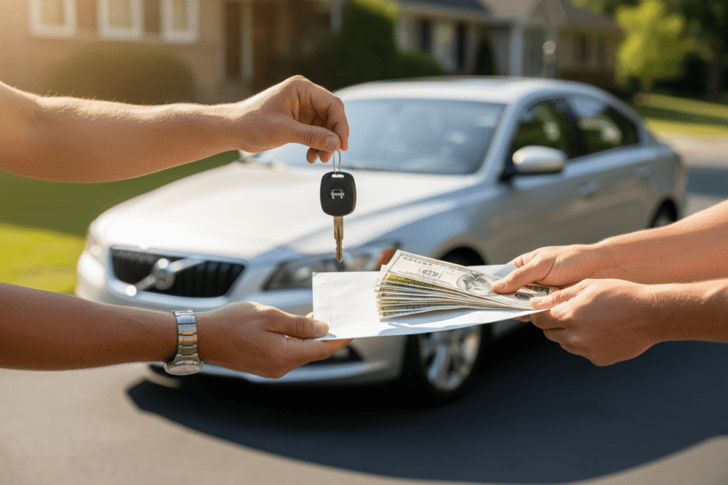 Private seller handing car keys to a buyer in exchange for cash