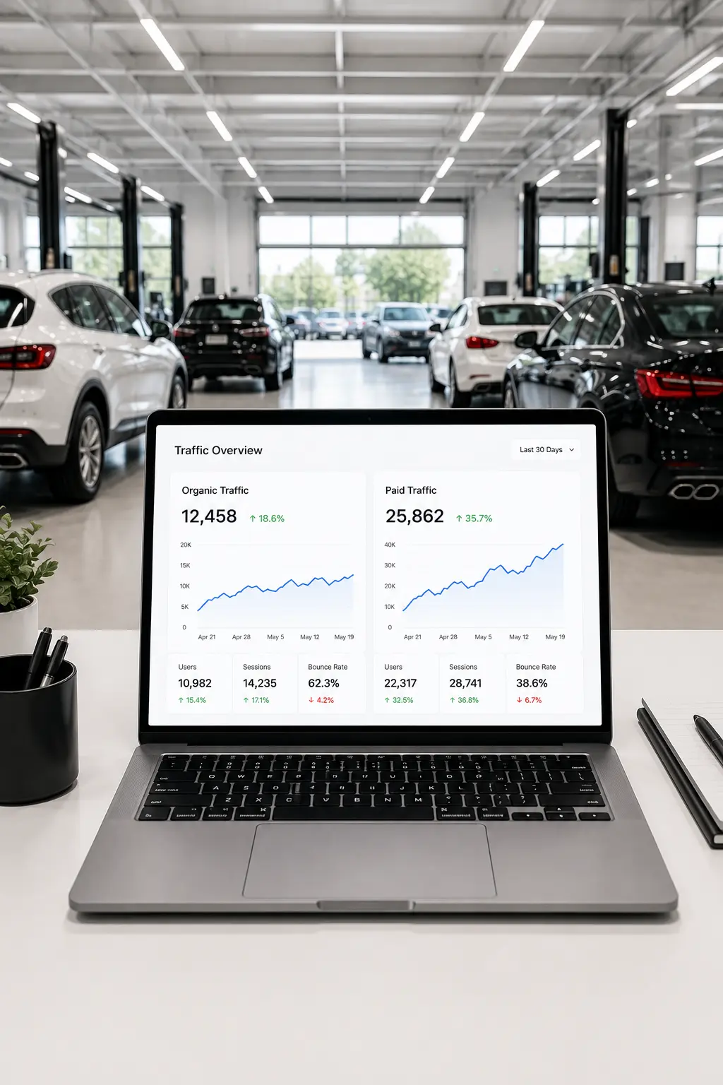Modern dealership showroom interior acquired through Vehicquire paid traffic