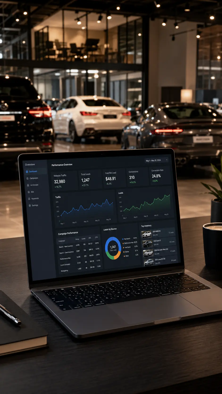 Vehicles on a dealership lot acquired through Vehicquire paid traffic campaigns