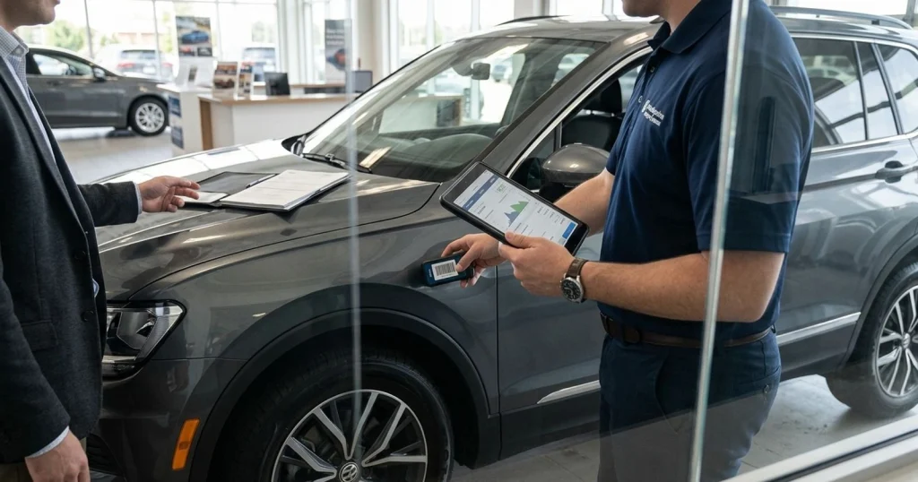 Service technician inspecting a customer vehicle with a tablet in the service drive