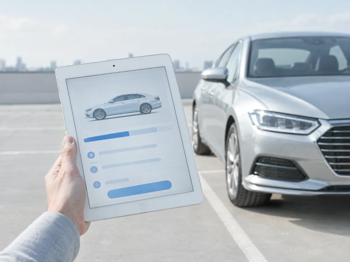 A tablet vehicle appraisal beside a silver sedan