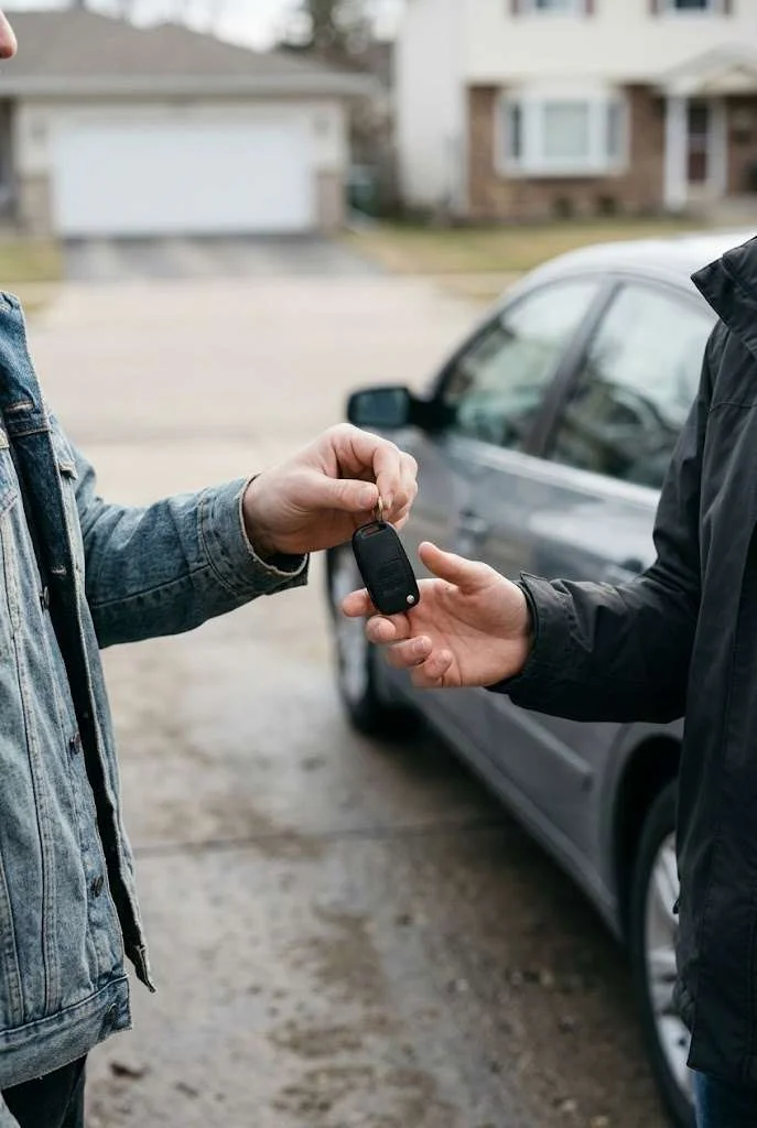 A private seller handing car keys to a buyer