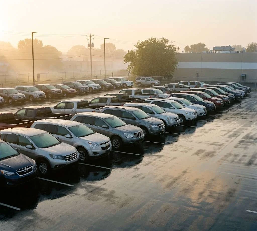 Rows of used vehicles on a dealership lot in the early morning