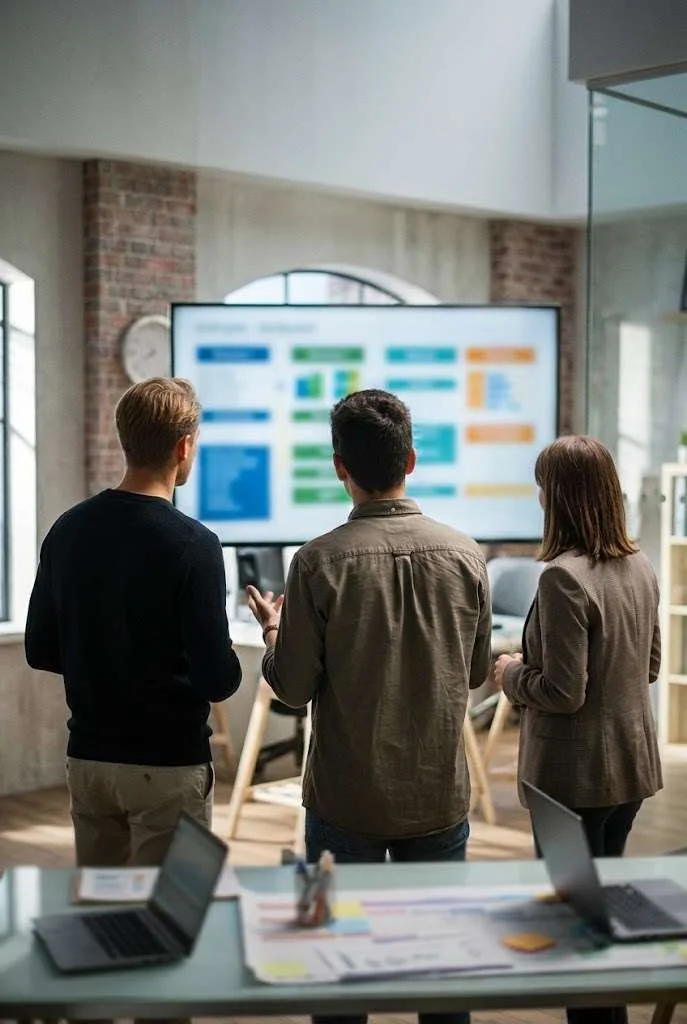 A team reviewing acquisition results on a wall screen