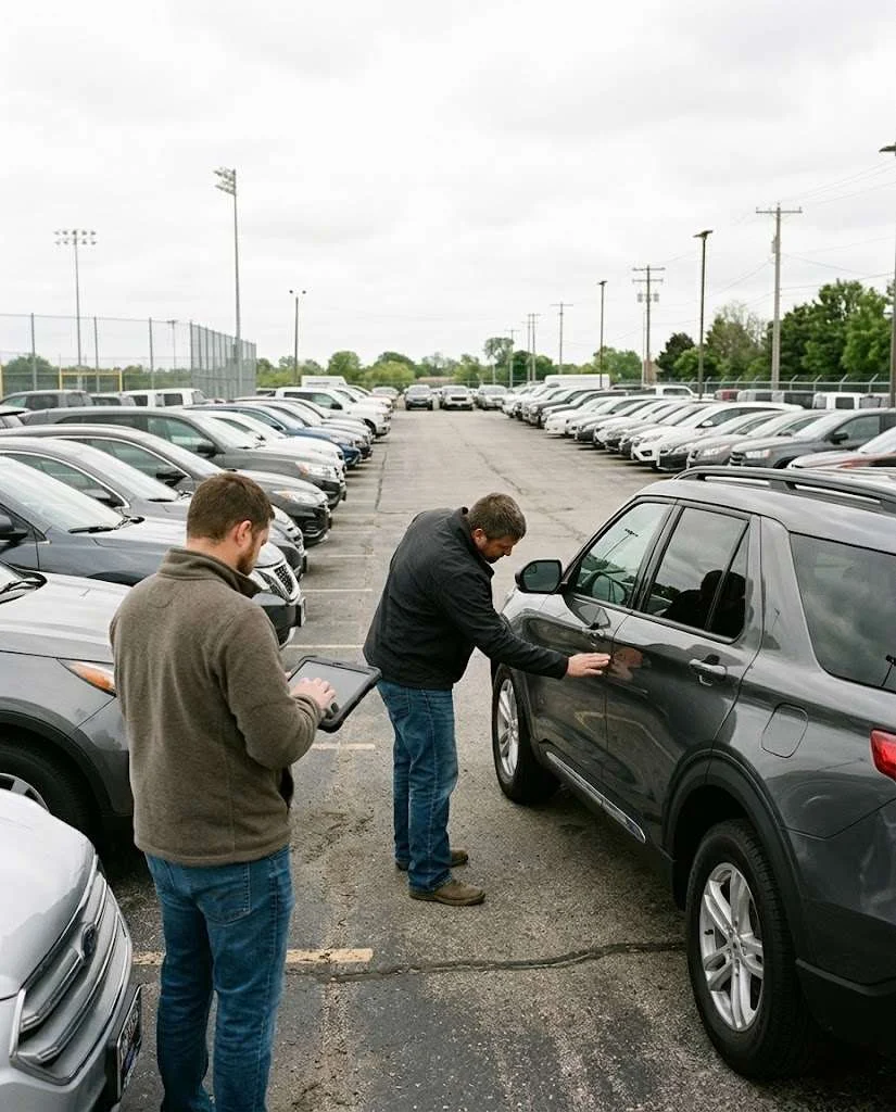 Dealer group buyers inspecting an SUV on a large lot