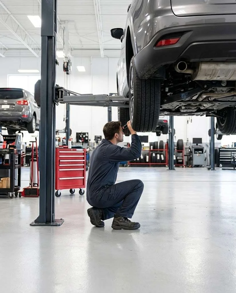A service technician inspecting a vehicle in a franchise dealership