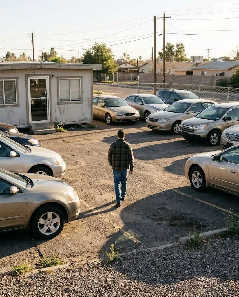 An independent used car lot with a small buying office