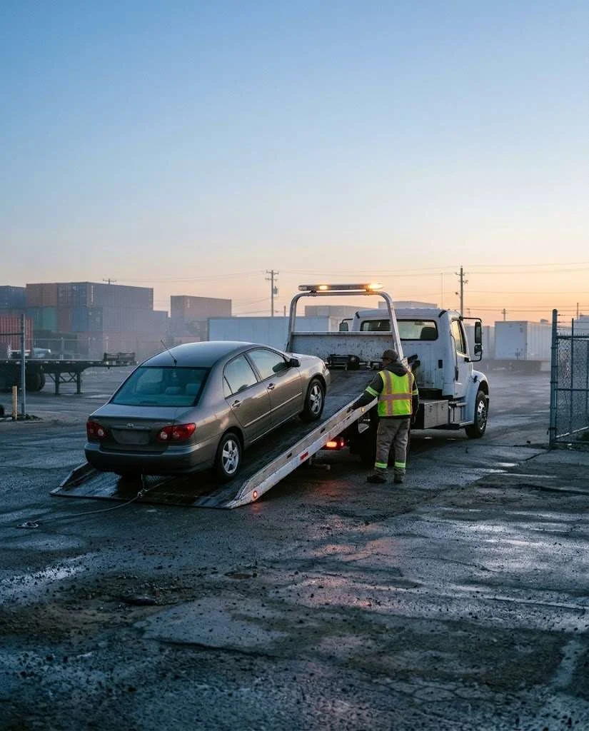 A wholesale unit loaded onto a flatbed at dawn