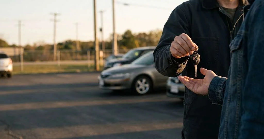 A private seller handing car keys to a dealer