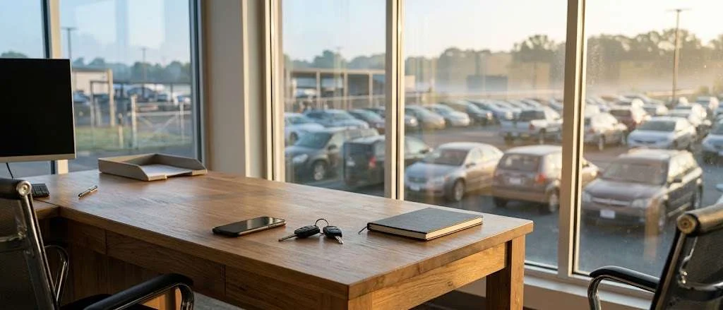 A buying desk with a phone and car keys by the lot window