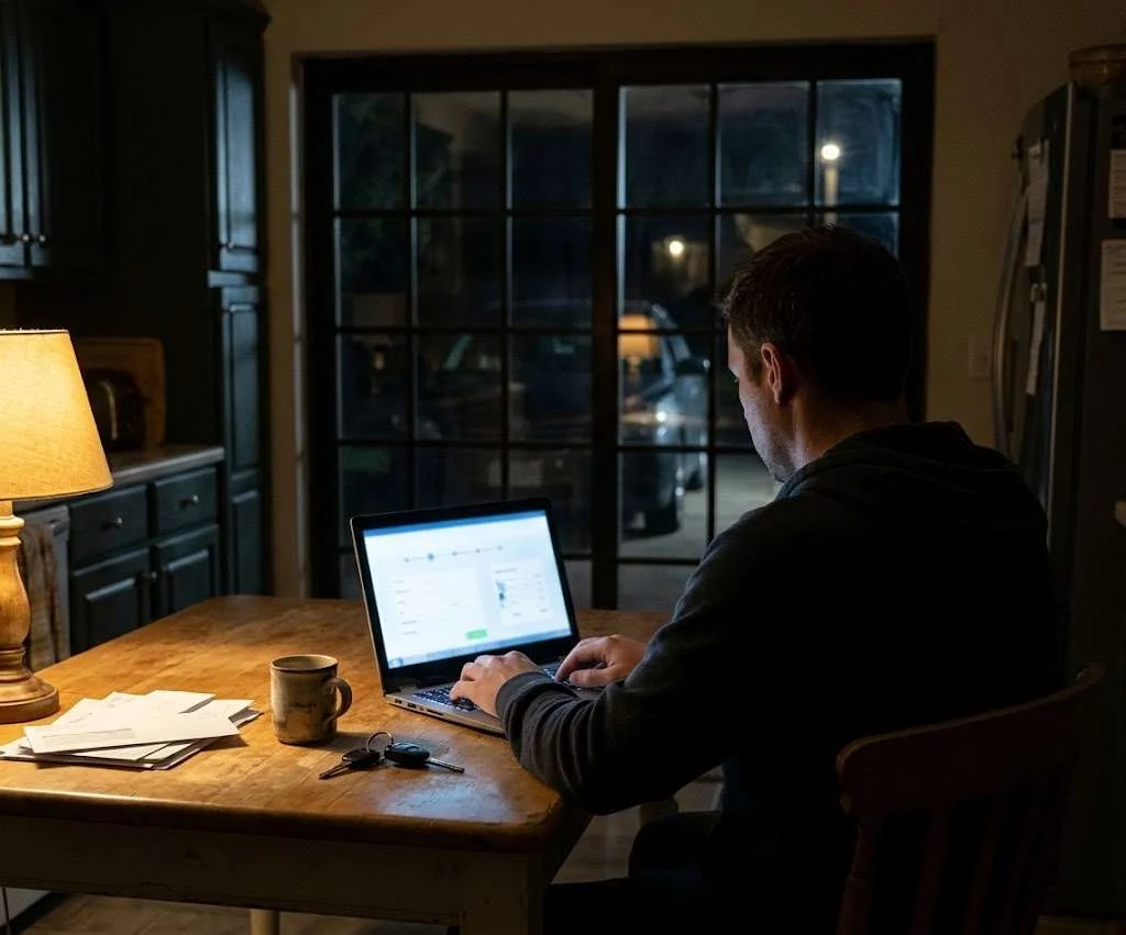 A car owner filling out a sell your car form on a laptop at night