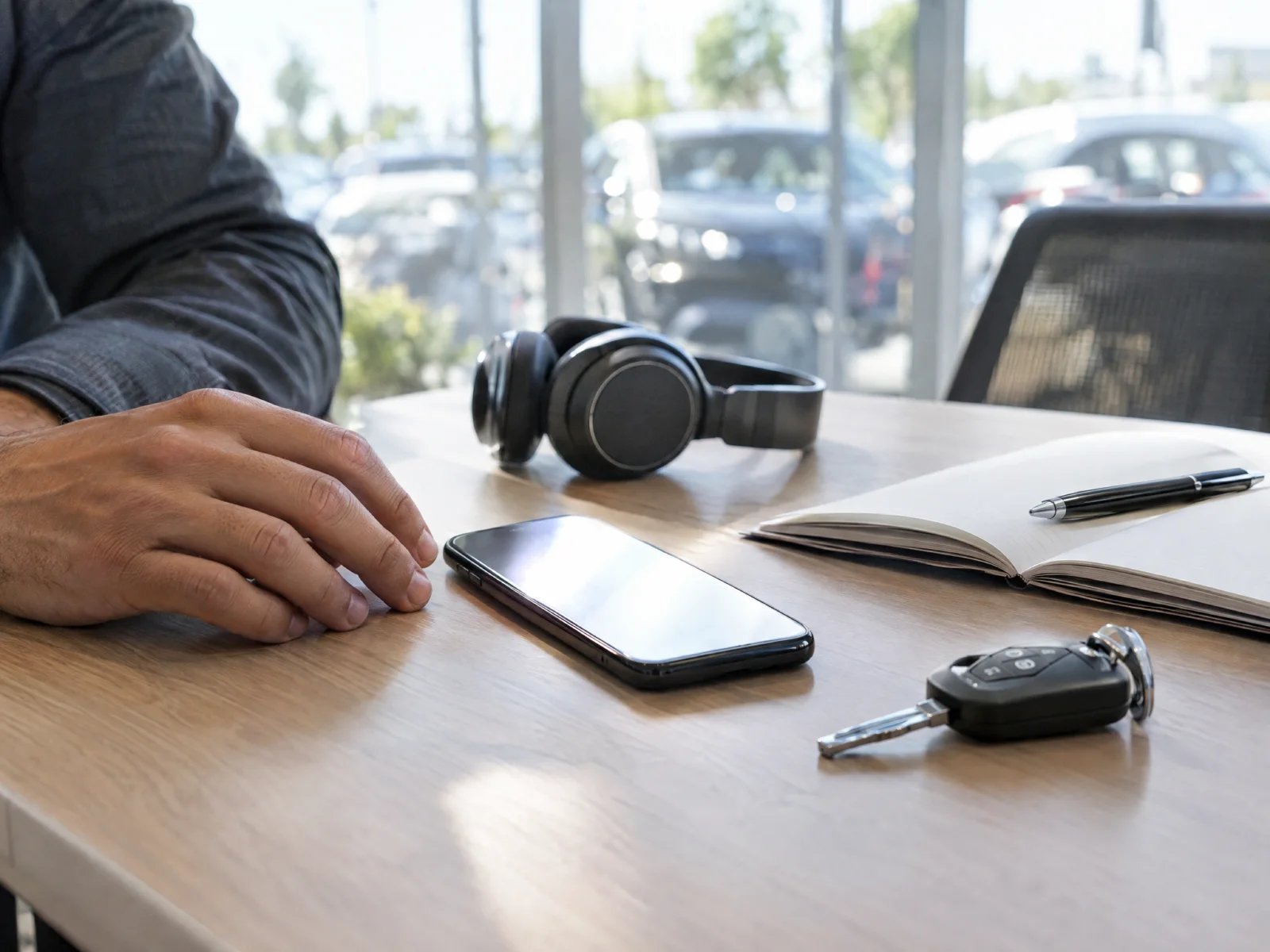 A buying desk with a phone, headset and car keys