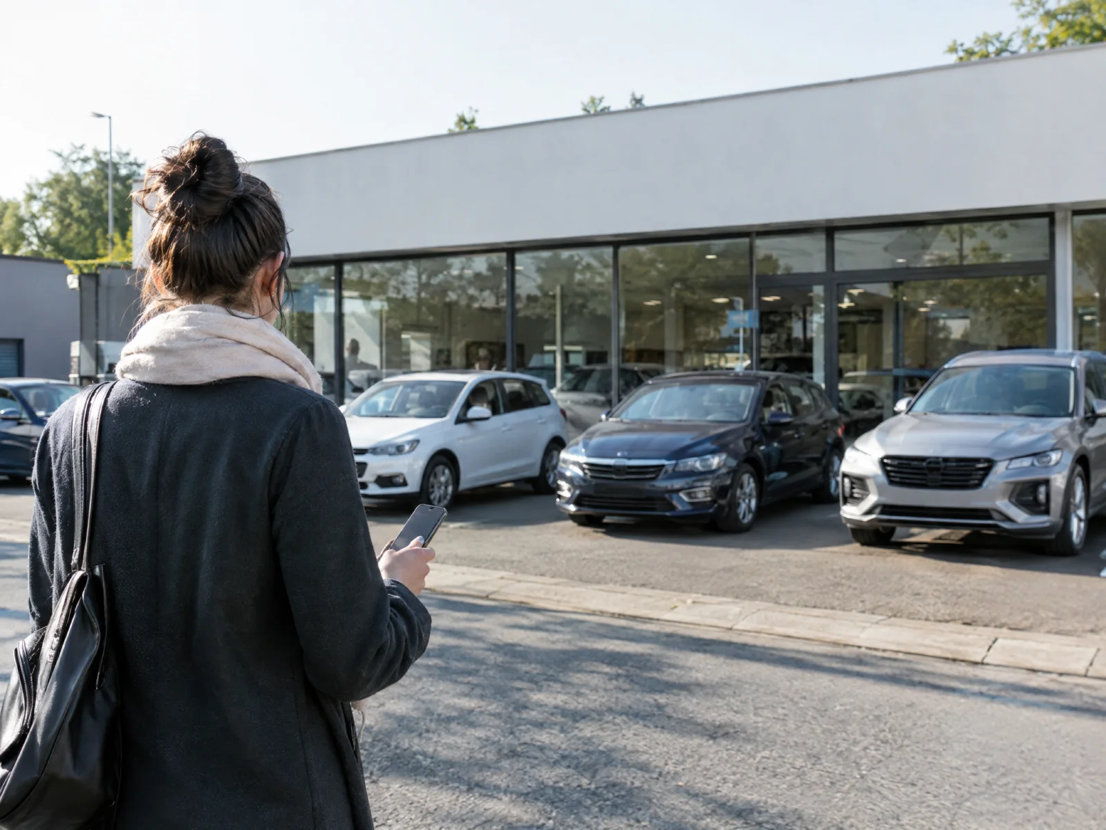 A seller with a phone outside a used car dealership