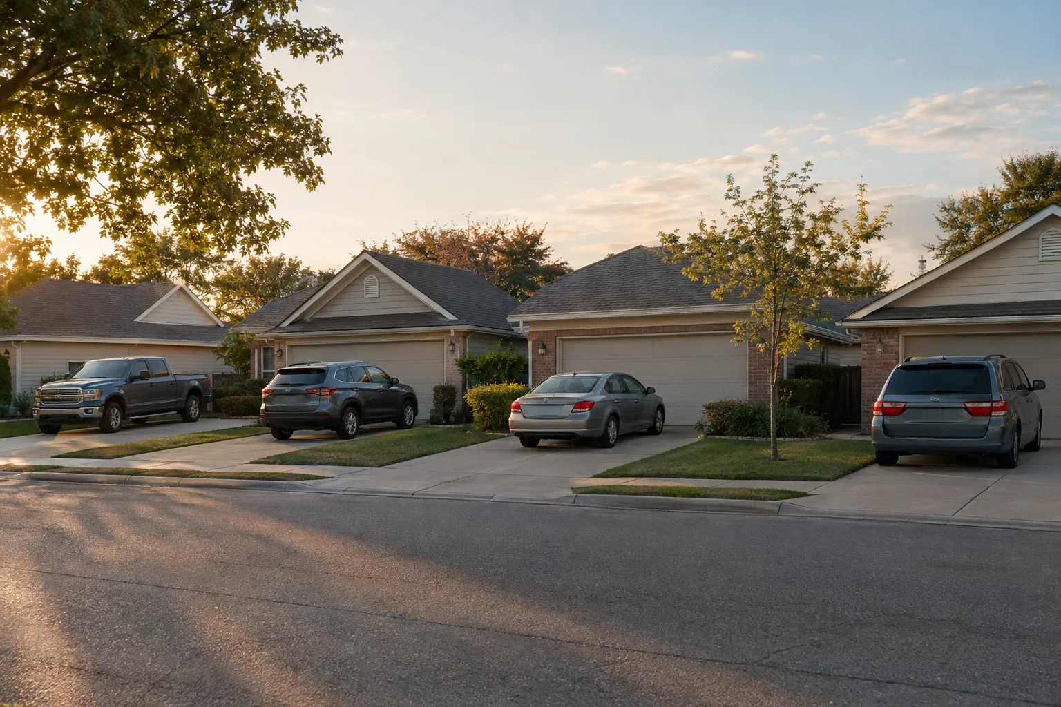 Used cars parked in suburban driveways