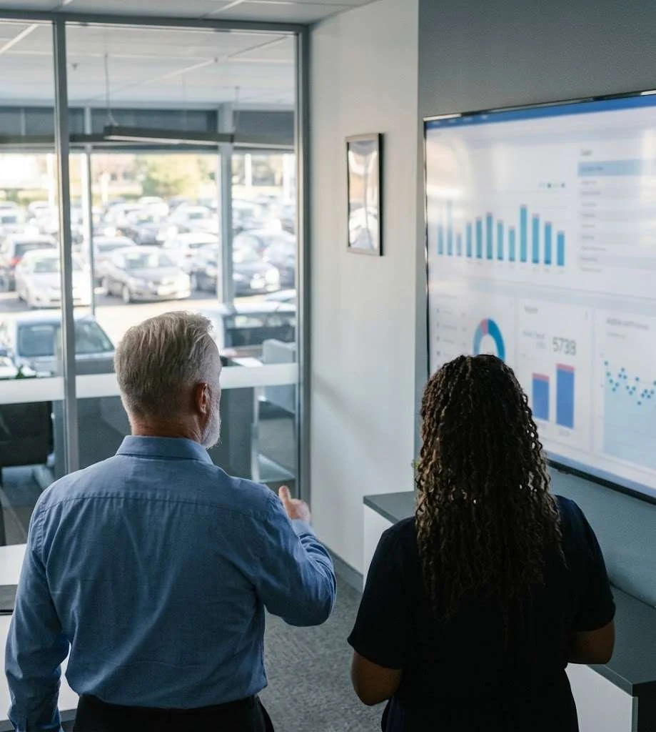 A manager reviewing lead data on a wall screen