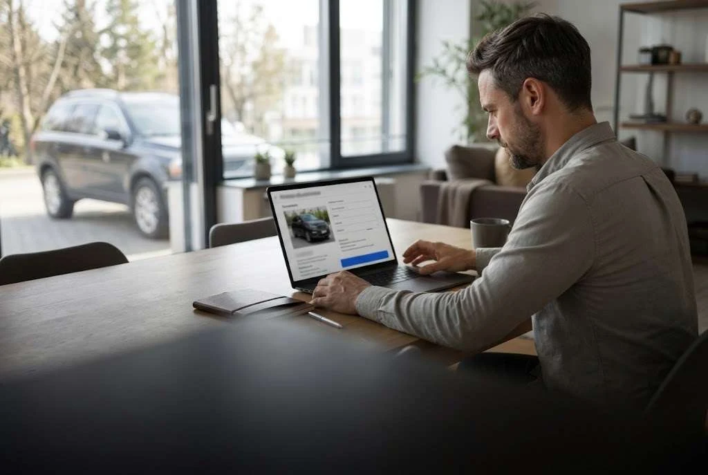 A car owner filling out a sell your car form on a laptop at home