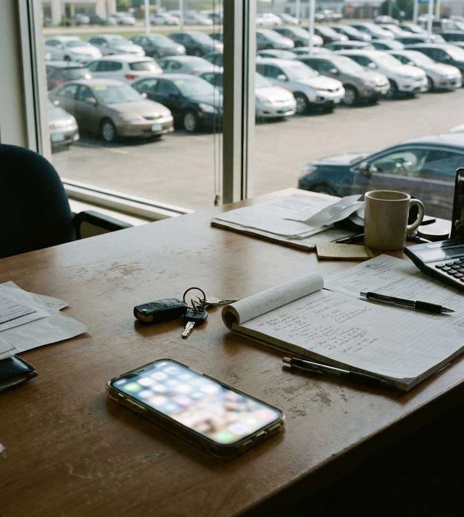 A buying desk with a phone and car keys by the lot window
