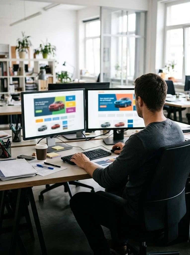 A specialist building seller intent ad campaigns on two monitors