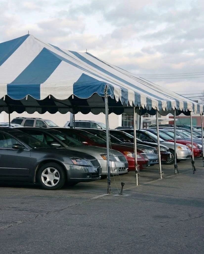 Rows of used vehicles on a dealership lot in the early morning