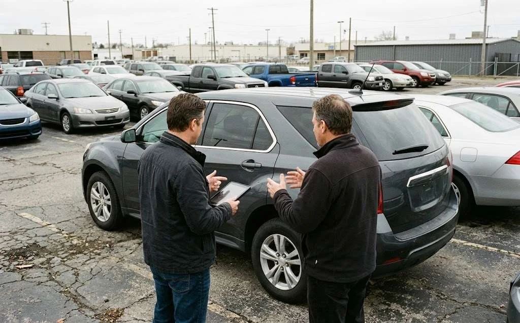 A buyer and a seller reviewing an appraisal beside an SUV