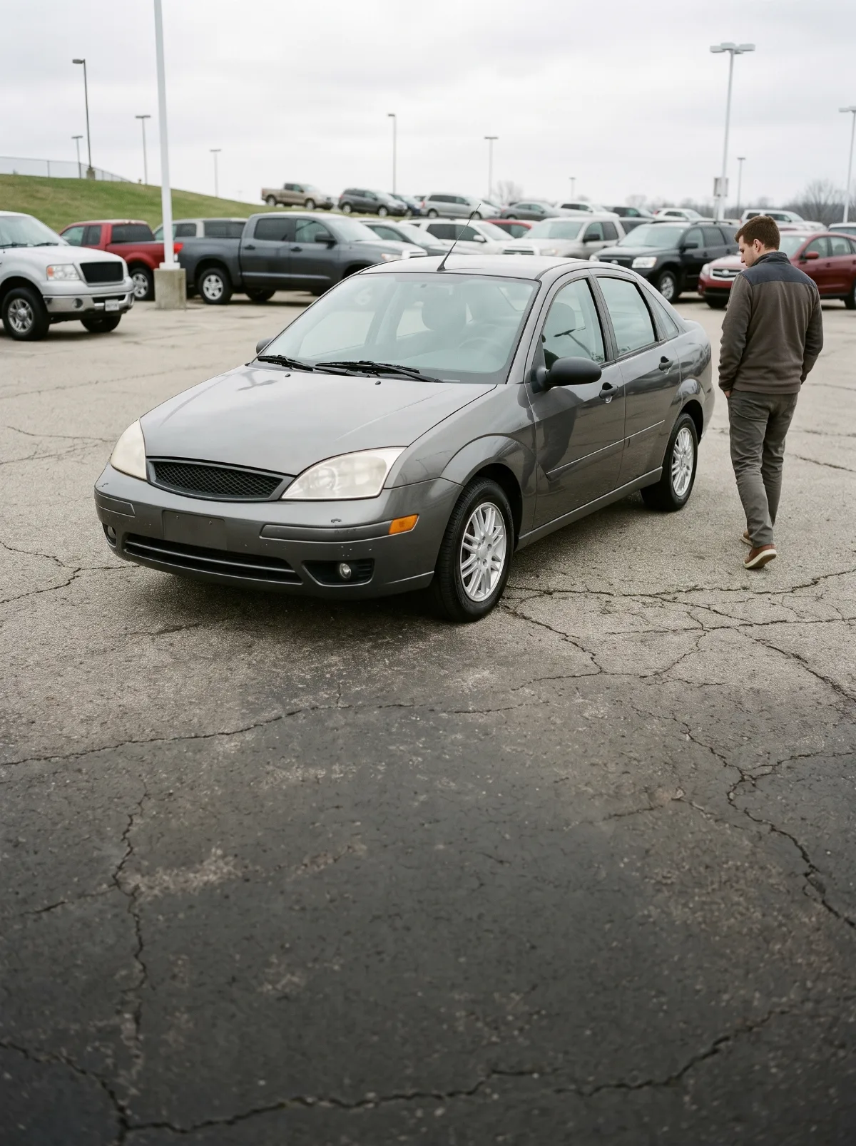 An older everyday sedan on a used car lot with a buyer walking past