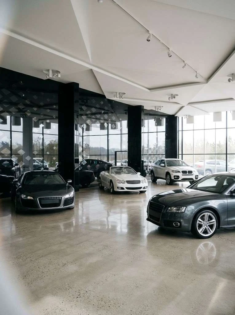 Highline vehicles in a dealership showroom