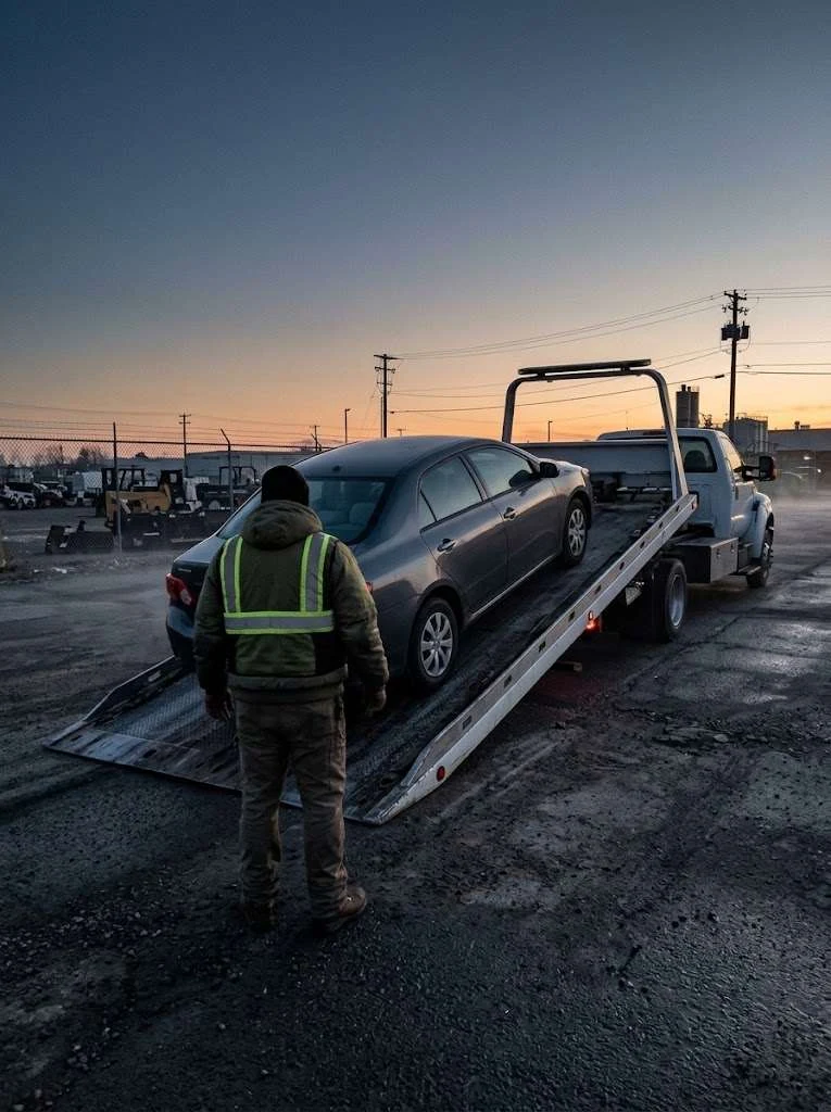 A purchased sedan loaded onto a flatbed carrier