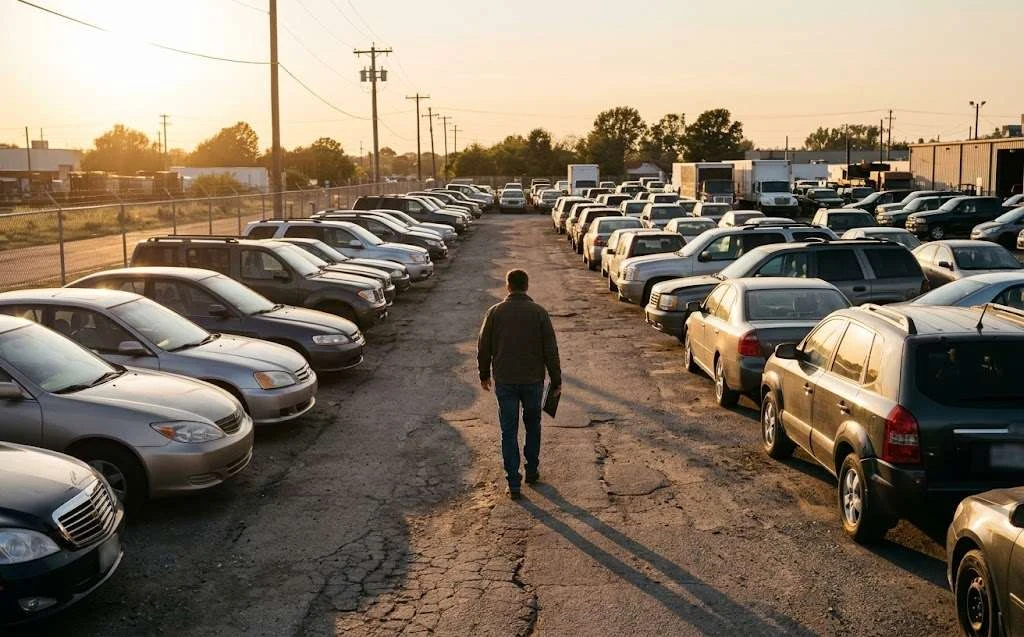 A wholesale buyer loading a purchased sedan onto a flatbed