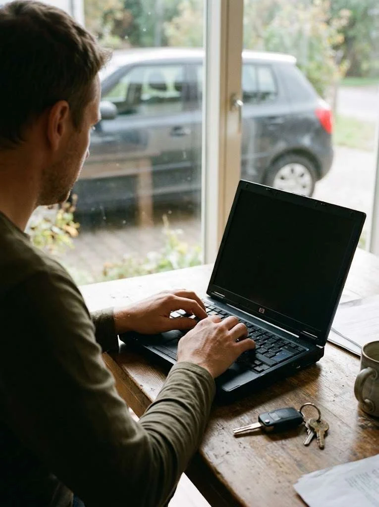 A car owner filling out a sell your car form on a laptop