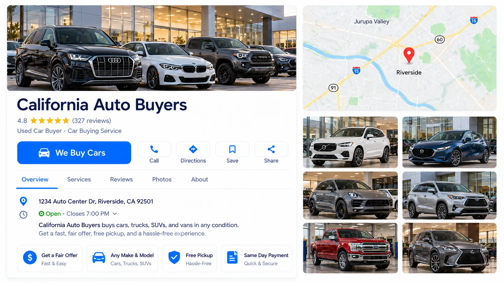 Google Business Profile set up to show a car dealer buys cars