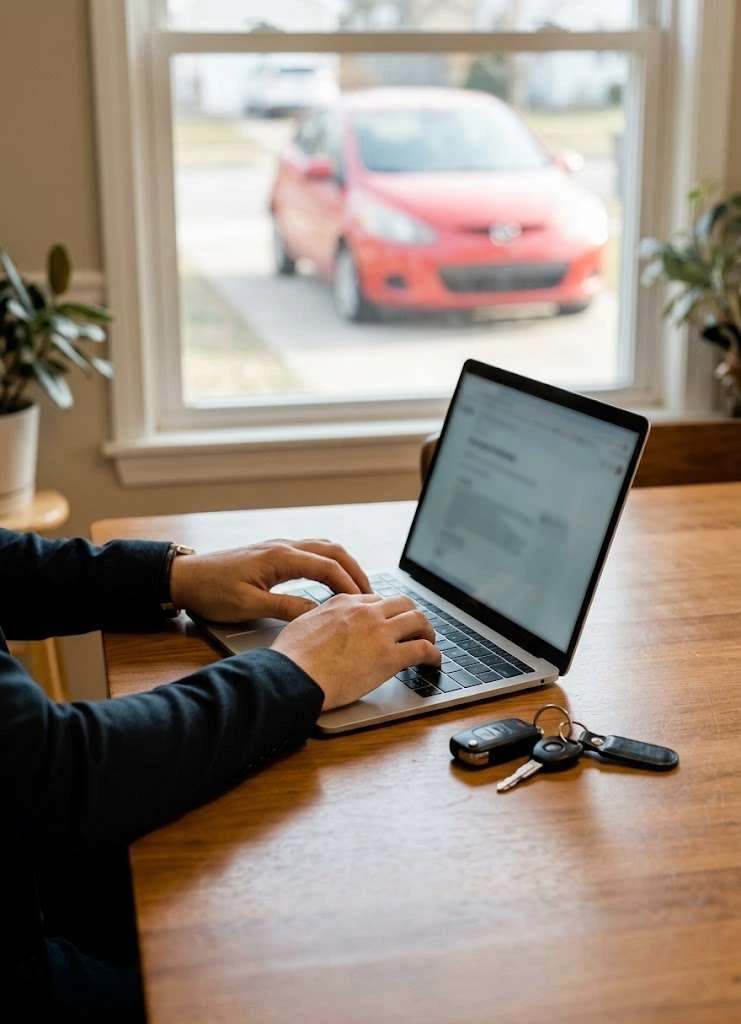 A car owner submitting their vehicle on a laptop at home