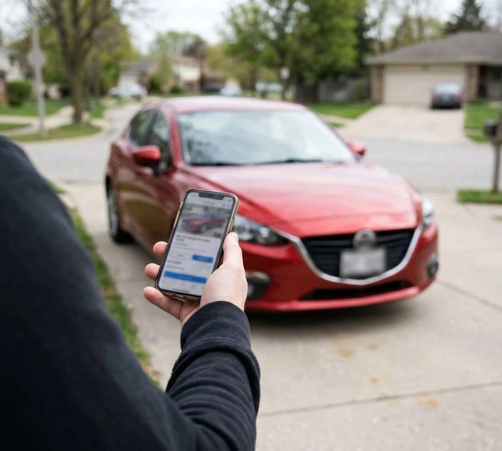 A private seller holding a phone in front of their car