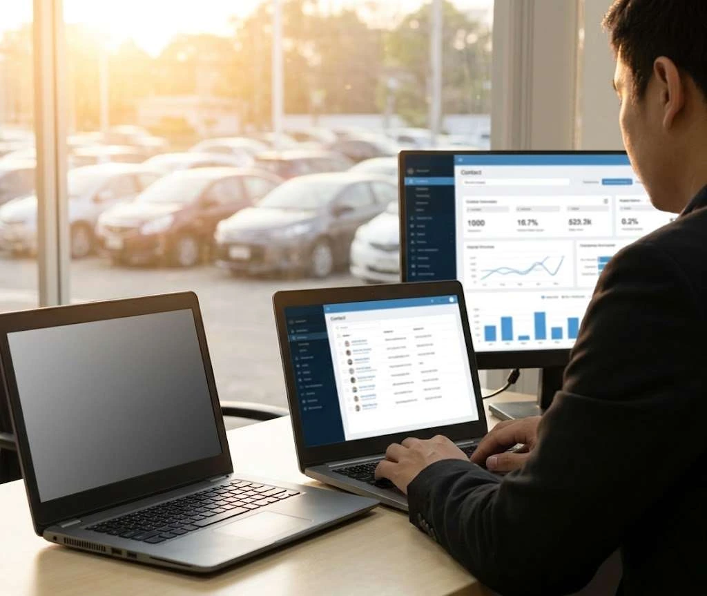 Dealership CRM dashboards on office monitors