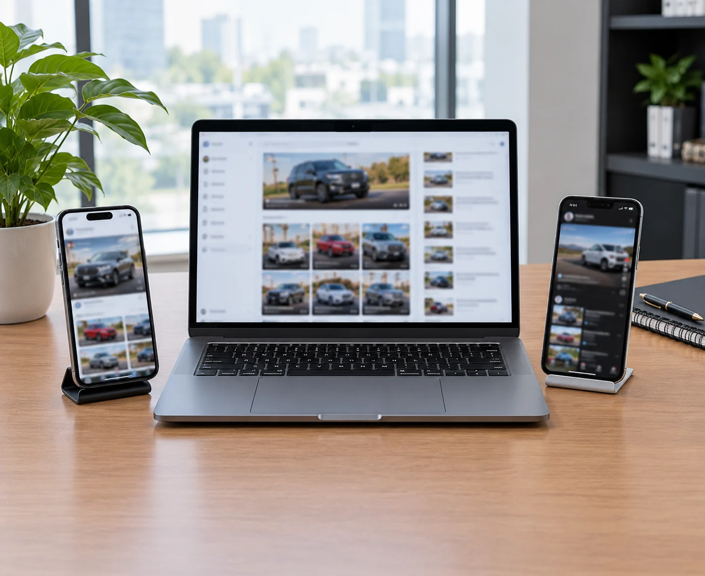 A laptop and two phones showing car content feeds on a desk