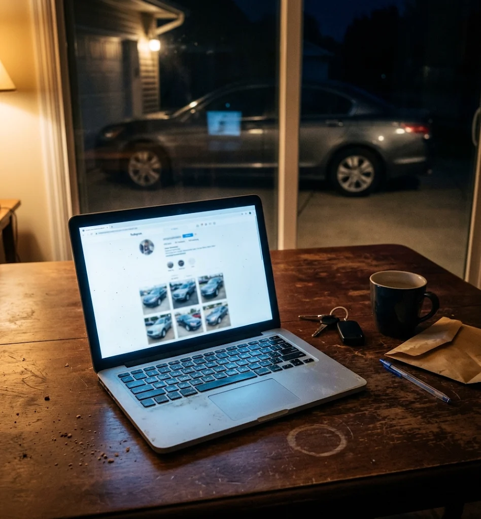 A laptop showing a dealer social profile on a kitchen table at night