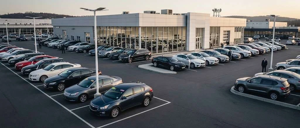 A used car dealership lot stocked with rows of cars