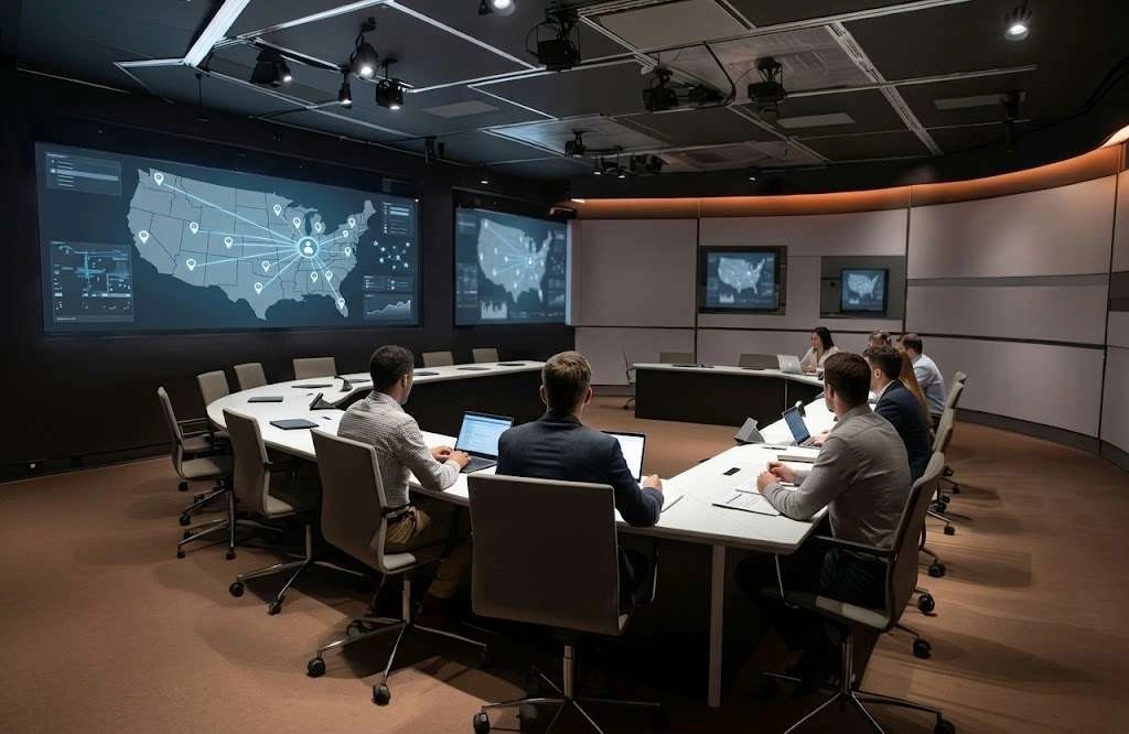 A dealer group team in a central acquisition room with a store map