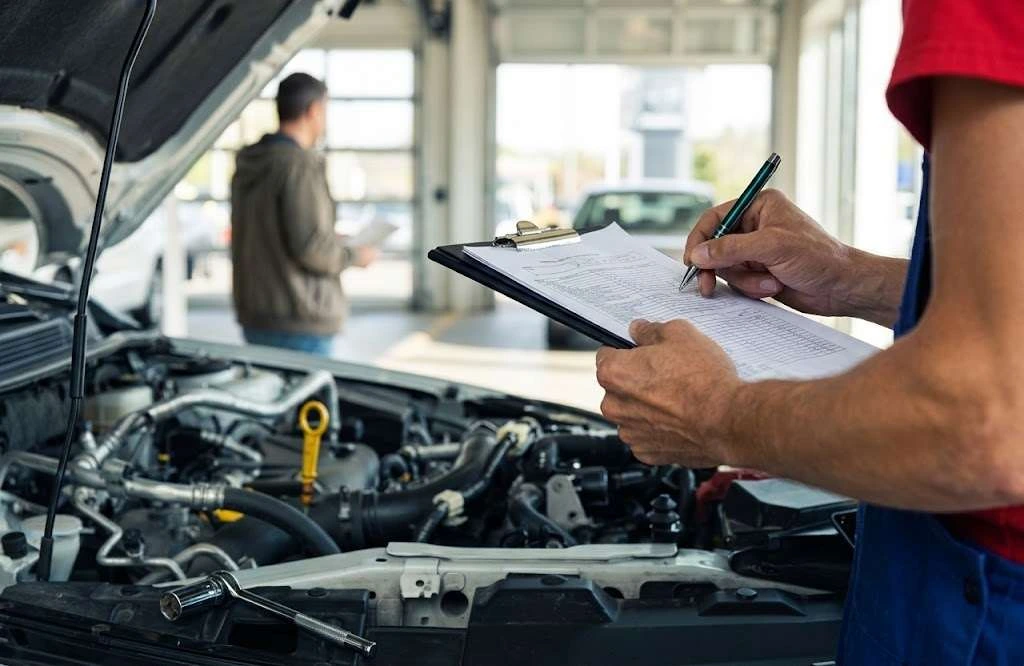 A franchise dealership staff member inspecting a used vehicle