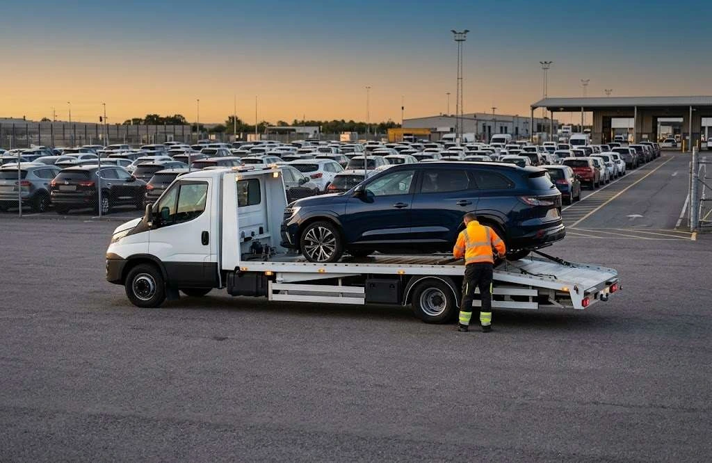 A purchased used car loaded onto a flatbed in a wholesale yard